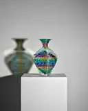 Mark Glocke, Stacked Dichro Vase, stacked layers of clear glass with polychromatic bands