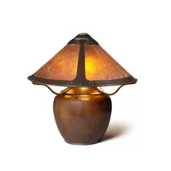 Bean Pot Lamp by Dirk Van Erp, hammered copper, mica, with open-box mark on underside of base, sold Mar 2023