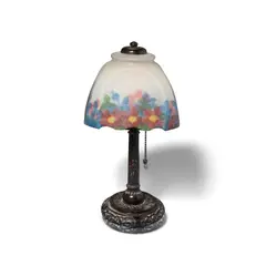 Small Floral Table Lamp by Handel, interior painted glass, patinated metal, offered Mar 2023