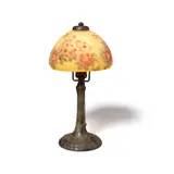 Red Rose Linenfold Table Lamp by Handel, interior painted glass, patinated metal, signed 'HANDEL 5609' and initialed on interior of shade, offered Mar 2023