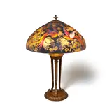 Handel, Birds of Paradise Table Lamp, decorated by Henry Bedigie, interior painted glass, gilt and enameled metal, signed 'HANDEL 7026' and 'Bedigie' on interior of shade