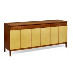 Sideboard by Paul McCobb, for Calvin, mahogany and parchment, with Calvin tag on inside of drawer, sold Mar 2023