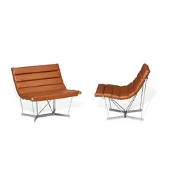 George Nelson, Pair of Catenary Lounge Chairs, for Herman Miller, leather, chromed steel, one with Herman Miller label on underside