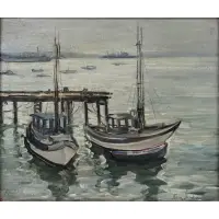 Mary Minter, Docked Boats in a Marina, Oil on board