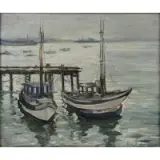 Mary Minter, Docked Boats in a Marina, Oil on board
