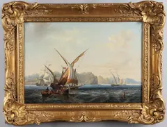 James Wilson Carmichael, Spanish Xebecs And Fishermen With A British Frigate Off A Mountainous Coast