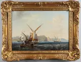 James Wilson Carmichael, Spanish Xebecs And Fishermen With A British Frigate Off A Mountainous Coast