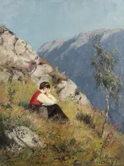 Hans Dahl, A Girl Reading On A Sunlit Hillside