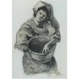 José T. Joya, Woman with Basket, charcoal on canvas