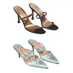 Manolo Blahnik, Sky Blue Satin Pointed Mules and Double Strap High Heels Sandals