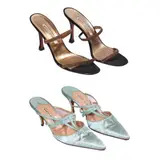 Manolo Blahnik, Sky Blue Satin Pointed Mules and Double Strap High Heels Sandals