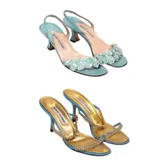 Manolo Blahnik, Gold Double Strap Sandals Mules and  Turquoise with Flowers Kitten Heels