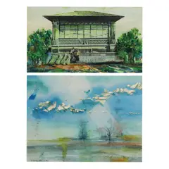 a) Bahay na Bato b) Landscape by Ramon Doplon, a) mixed media b) watercolor on paper, sold Oct 2020