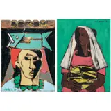 Untitled I and II (Woman Vendor) by Angelito Antonio, oil on wood, sold Oct 2020