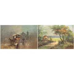 Leo Meneses, a) Kalesa Ride b) Rural Scene, oil on canvas