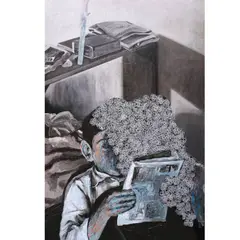 To Open a Book Brings Profit by Lyndon Magalang, oil and applique on canvas, sold Oct 2020