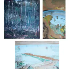 a) Niyogan b) Seaside c) Landscape by Juan M. Arellano, a.) oil on panel b.) watercolor on paper c.) watercolor on paper, sold Oct 2020
