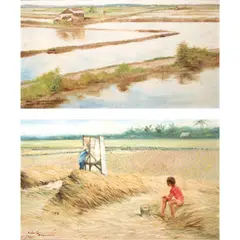 Rural Scene and Harvest by Roberto Balajadia, oil on canvas, sold Oct 2020