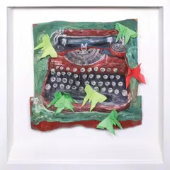 Jonathan Ching, Typewriter 2017, oil and origami on a folded brass sheet