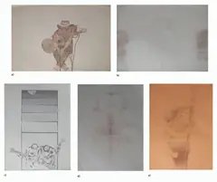 Danilo Garcia, a) Man with Guitar b) Takip-Silim No. 2  c) Untitled  d) Takip-Silim No. 5  e) Untitled, graphite and colored pencil on paper