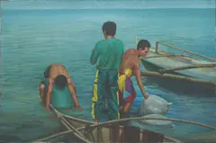 Fishermen by Vincent Ramos, oil on canvas, sold Mar 2020