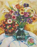 Fatima A. Bacquiran, Flowers and Grapefruit, oil and acrylic on canvas