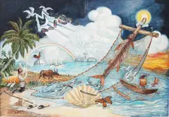 Alfonso Ompod, Fishbones On The Cross, oil on canvas