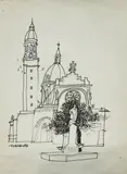 Sketch of Manila Cathedral by Mauro Malang Santos, Pen and ink on paper, sold Jul 2019