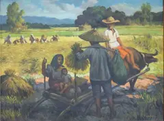 Barrio Scene by Rene Robles, oil on canvas, sold Jul 2019
