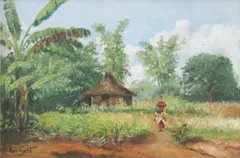Barrio Scene by Isidro Ancheta, oil on wood, sold Apr 2019