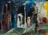 Serafin Serna, Abstract Street Scene, oil on wood