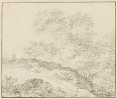 Ferdinand Kobell, Wanderer auf dem Weg unter mächtigen Bäumen, Bleistiftzeichnung auf Papier