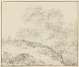 Ferdinand Kobell, Wanderer auf dem Weg unter mächtigen Bäumen, Bleistiftzeichnung auf Papier