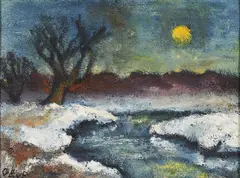 Landschaft bei Mondschein by Olga Bontjes van Beek, Mischtechnik auf Holz, sold Apr 2022