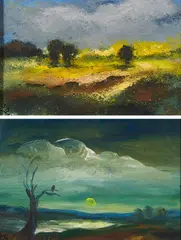 Landschaft mit bewölktem Himmel by Olga Bontjes van Beek, 1988, Mischtechnik auf Holz, sold Apr 2022