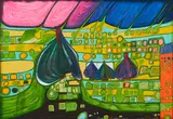 Yellow Last Will by Friedensreich Hundertwasser, 1971, Farbserigrafie über Silberfolie mit unterschiedlich ausgerichtetem Blindraster auf Karton, sold Mar 2022