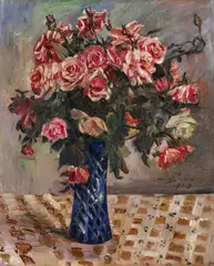 Lovis Corinth, Stillleben - Rote und rosa Rosen in Vase auf Tischtuch (Blumen), 1913, Öl auf Leinwand