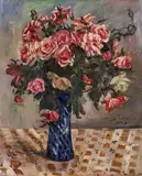 Lovis Corinth, Stillleben - Rote und rosa Rosen in Vase auf Tischtuch (Blumen), 1913, Öl auf Leinwand