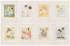 Max Ernst, Zu: Dorothea Tanning "Oiseaux en péril", 1975, Vollständige Suite mit acht collagierten farbigen Aquatintaradierungen auf Japon nacré
