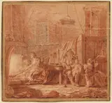 Französische Schule, Familie am Küchenfeuer, Schwarzer Stift und Rötel auf Papier