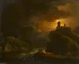 Flusslandschaft mit Burg im Mondlicht by Johann Friedrich Alexander Thiele, Öl auf Holz, sold May 2022