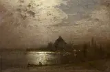 Louis Douzette, Mondnacht über dem Hafen von Venedig, Öl auf Leinwand