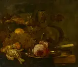 Cornelis Lelienbergh, Stillleben mit erlegten Singvögeln neben einem Silberteller mit Rose, Öl auf Holz