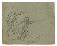 Jägerdarstellung by Niederländische Schule, Schwarze Kreide, weiß gehöht auf Büttenpapier, sold May 2022