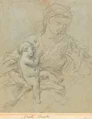 Niccolò Berrettoni, Madonna mit Kind, Schwarze Kreide, weiß gehöht auf hellblauem Papier