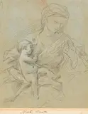 Niccolò Berrettoni, Madonna mit Kind, Schwarze Kreide, weiß gehöht auf hellblauem Papier