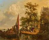 Ferdinand Marinus, Königliche Barke am Scheldeufer vor einem Schloss, Öl auf Holz