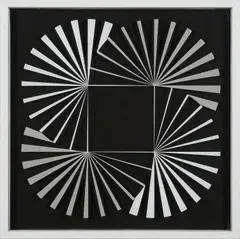 Marcello Morandini, Komposition 621 B, 2017, Farbserigrafie auf Acrylglas über Farbserigrafie auf schwarzem Karton. In Holzrahmen