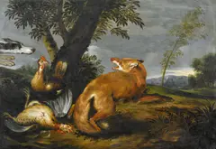 Paul de Vos, Fuchs auf der Hühnerjagd, vom Hund überrascht, Öl auf Leinwand