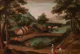 Jacob Grimmer, Gebirgslandschaft mit Personen am Fischteich, Öl auf Holz